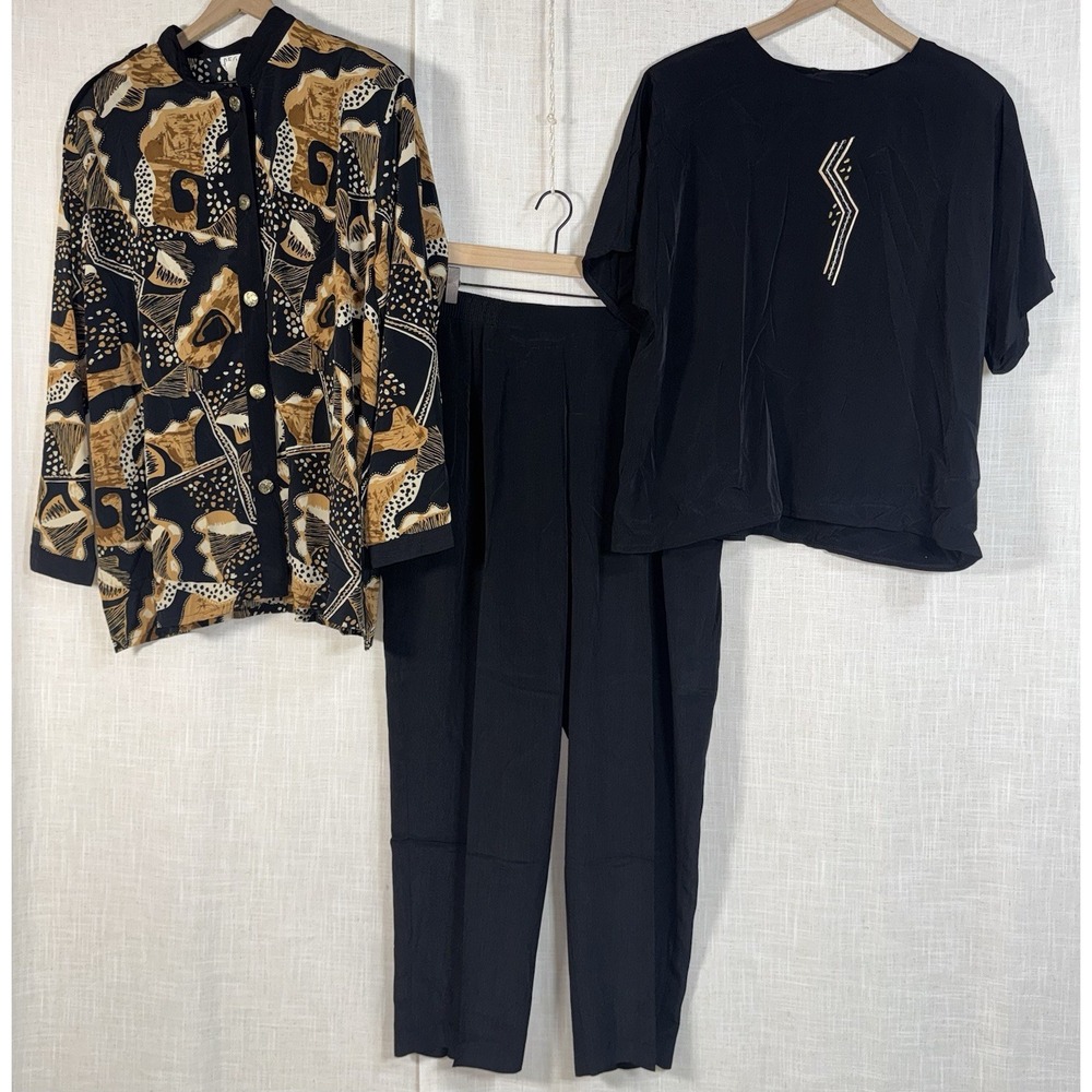 Regal Women's 2X USA Abstract 3 pc Set Outfit Blouse Shirt Pants Black Gold